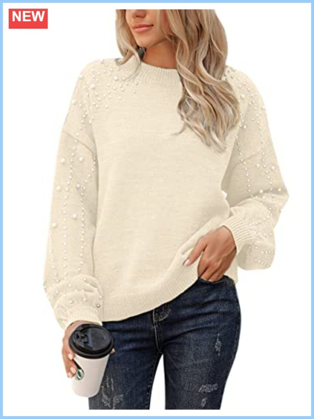 Oversized Chunky Knit Crewneck Sweater Lantern Sleeve Mock Neck Pullover